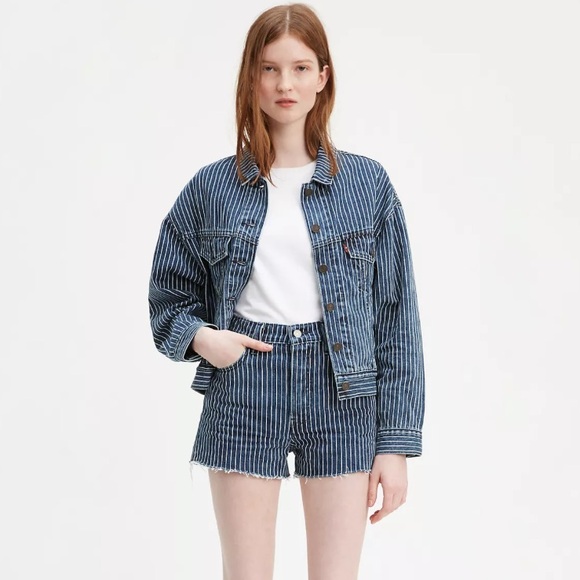 LEVI'S® X STRANGER THINGS Ribcage Denim Shorts Pinstripe Blue Size 28 Women’s - Picture 1 of 16